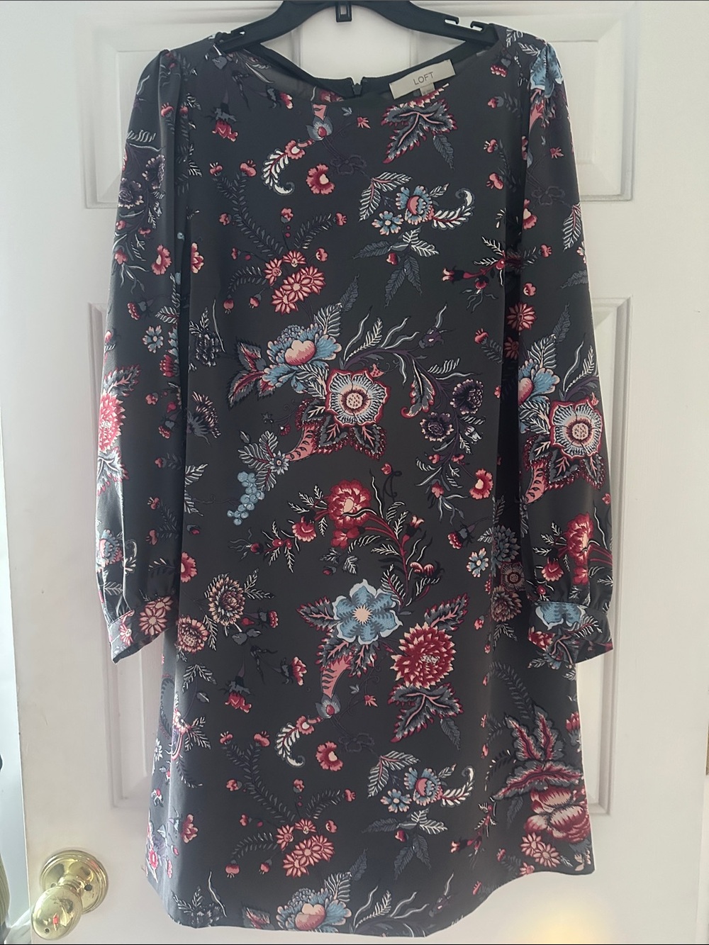 LOFT Black Floral Shift Dress with Pink & Light Blue Blooms